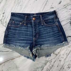 Hollister High Rise Vintage Denim Shorts Frayed Hem Dark Wash Size 25
